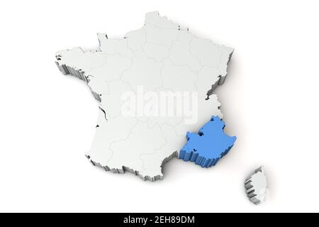 Karte von Frankreich mit der Region provence alpes cote d'azur. 3D Rendering Stockfoto