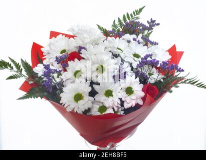 Ein wunderschön gestalteter Strauß aus weißen Chrysanthemen und roten Rosen auf weißem Hintergrund. Vorderansicht, Nahaufnahme. Stockfoto