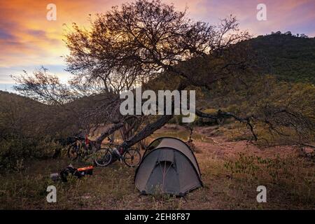 Wildes Camping mit Trekkingkuppelzelt und zwei Tourenfahrrädern abenteuerlicher Wanderer auf dem Altiplano / Andenplateau in den Anden, Bolivien Stockfoto