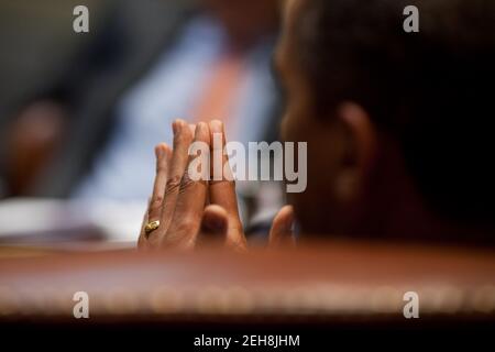 Präsident Barack Obama nimmt an einem Treffen im Roosevelt-Saal des Weißen Hauses Teil, 22. Juli 2010. Stockfoto
