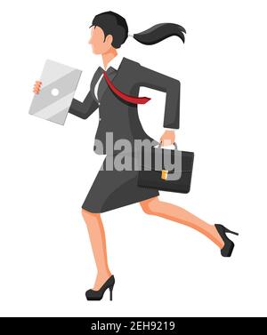 Geschäftsfrau ist schnell laufen mit winkenden Krawatte und Aktentasche. Geschäftsfrau eilt, um pünktlich zu kommen. Zeit ist Geld Konzept. Arbeit zu spät oder Überstunden. Flache Vektorgrafik Stock Vektor