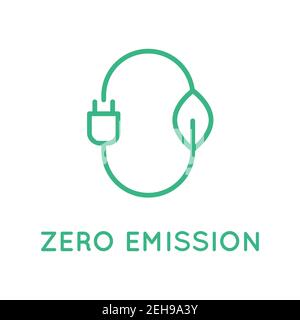 Null-Emission-Zeichen, Logo, Symbol. Stilisierte Zahl Null mit einem Blatt und einem Stecker. Nachhaltige Industrie und Transport. CO2 neutrales Konzept. Vektor Stock Vektor