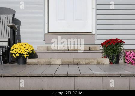 Rote und gelbe Mom Pflanzen auf der Veranda Schritt, in Holmes County, Ohio Stockfoto