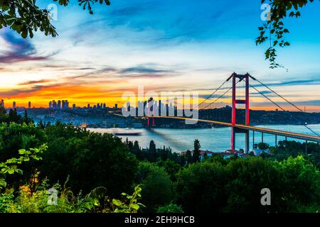 ISTANBUL, TÜRKEI. Panoramablick auf Istanbul Bosporus bei Sonnenuntergang. Istanbul Bosporus Brücke (15 Juli Martyrs Brücke. Türkisch: 15 Temmus Sehitler Kopru Stockfoto