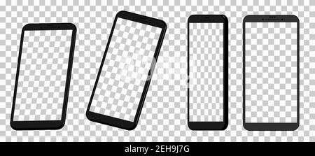 Vier Smartphone-Mockups in verschiedenen 3D Projektionen. Vorlagen für UI-Design. Schwarz auf leerem Hintergrund, leere Bildschirme. Stock Vektor