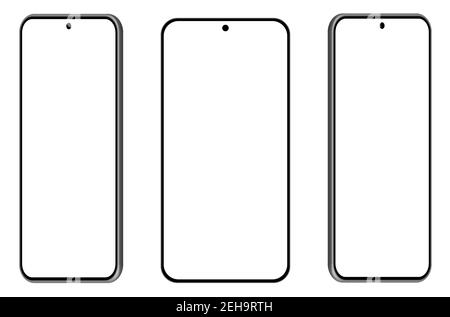 Drei 3D Smartphone-Mockups in verschiedenen Winkeln, Projektionen. UI modernes Design. Leerer Bildschirm, schwarz auf weißem Hintergrund. Stock Vektor