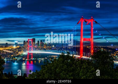 ISTANBUL, TÜRKEI. Panoramablick auf Istanbul Bosporus bei Sonnenuntergang. Istanbul Bosporus Brücke (15 Juli Martyrs Brücke. Türkisch: 15 Temmus Sehitler Kopru Stockfoto