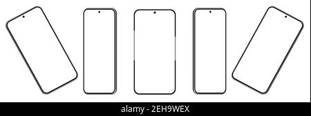 Fünf 3D Smartphone-Mockups in verschiedenen Winkeln, Projektionen. UI modernes Design. Leerer Bildschirm, schwarz auf weißem Hintergrund. Stock Vektor