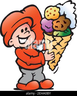 Vektor Cartoon Illustration eines glücklichen Elfen mit einem Eis Cremekegel Stock Vektor
