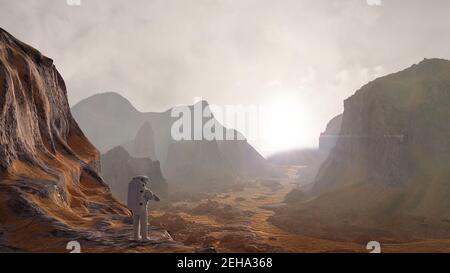 Astronaut auf dem Planeten Mars Beobachten der aufgehenden Sonne Stockfoto