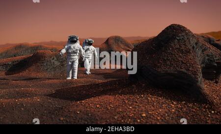 Astronauten auf dem Mars, Reisende erkunden die Landschaft des roten Planeten Stockfoto