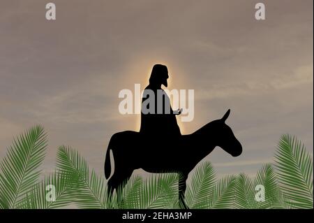Triumphaler Eintritt Jesu in Jerusalem über den Esel; Palmsonntag. Konzept Christian Ostern. Stockfoto