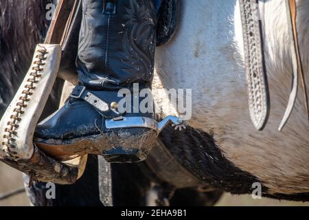 Nahaufnahme von Cowboy Boot in Stir Ups, Brandywine, MD Stockfoto