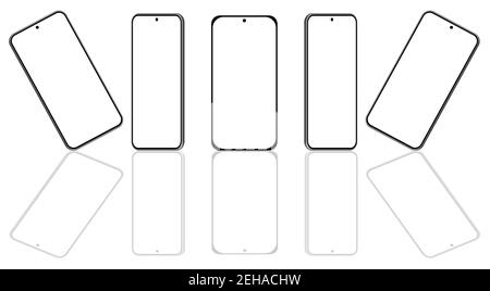 Fünf 3D Smartphone-Mockups in verschiedenen Winkeln, Projektionen. UI modernes Design. Leerer Bildschirm, schwarz auf weißem Hintergrund. Stock Vektor