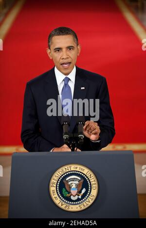 Präsident Barack Obama wendet sich aus dem Ostraum des Weißen Hauses an die Nation, um seinen Plan für die Umsetzung der Absetzung amerikanischer Truppen aus Afghanistan, 22. Juni 2011, zu entwerfen. Stockfoto