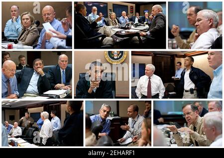 Dies ist eine Zusammenstellung mehrerer Bilder des Präsidenten und seines nationalen Sicherheitsteams während einer Reihe von Treffen im Situationsraum des Weißen Hauses, die die Mission gegen Osama bin Laden am Sonntag, den 1. Mai diskutieren. Wir haben das so zusammengestellt, dass die Menschen neben dem früheren, jetzt ikonischen Bild dieses Tages vielleicht ein besseres Gefühl dafür haben könnten, wie es in Präsidentenversammlungen von historischer Bedeutung ist. Stockfoto