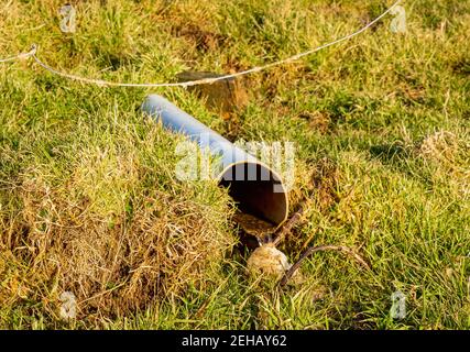 Wasser fließt aus einem Abflussrohr in einem Feld Stockfoto