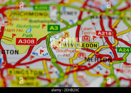 Wimbledon und Umgebung auf einer Straßenkarte oder dargestellt Geografische Karte Stockfoto