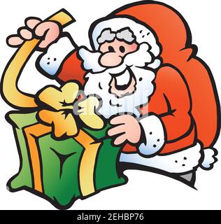 Vektor Cartoon Illustration von einem glücklichen Weihnachtsmann wickelt ein Geschenk Stock Vektor