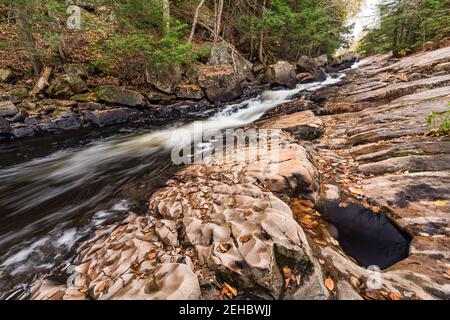 Blätter verstreuen die Ufer der Austin Falls am Saandaga River im Herbst, Adirondack Mountains, Hamilton County, New Yorkbb Stockfoto