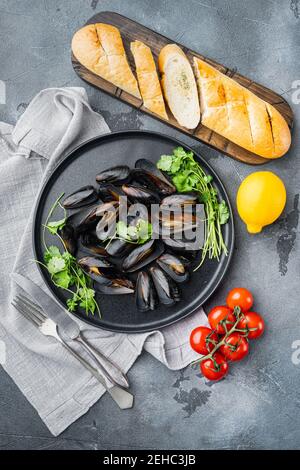 Klassische französische Mahlzeit Moules Mariniere Marinara Set, auf Teller, auf grauem Hintergrund, Draufsicht flach liegend Stockfoto