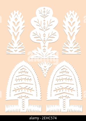 Set aus Papier geschnitten Frühling, Sommer Symbole dekorative Bäume in weißer Farbe isoliert auf beigem Hintergrund traditionellen weißrussischen, polnischen Papierausschnitte Stock Vektor