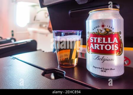 Bier in einer Tasse neben Bierkrug auf einem Beifahrersitz-Tray-Tisch Stockfoto