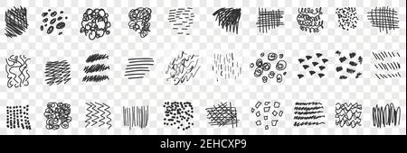 Scribbles Linien Zeichnungen Doodle Set. Sammlung von handgezeichneten Scribbles von verschiedenen Mustern geraden und winkenden Linien geometrischen Formen isoliert auf transparentem Hintergrund Stock Vektor