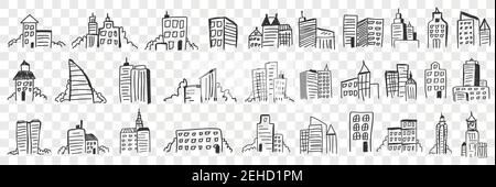 Silhouetten der Stadt Wolkenkratzer Doodle Set. Sammlung von handgezeichneten dunklen Silhouetten von hohen Gebäuden und Landschaft von Städten und Städten Stadtbild isoliert auf transparentem Hintergrund Stock Vektor