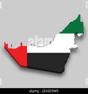 3D Isometrische Karte der Vereinigten Arabischen Emirate mit Nationalflagge. Vektorgrafik. Stock Vektor