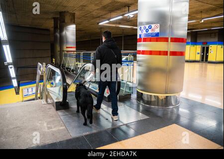 Zurück Ansicht vollständige Länge des anonymen Mannes, der an Blindheit leidet Gehen mit gehorsames Hund auf beweglichen Treppe Stockfoto