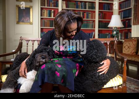 First Lady Michelle Obama, sitzend mit Obamas Haustieren Bo, Left und Sunny, nimmt ein Video zum Geburtstag von Ellen DeGeneres 56th in der Bibliothek des Weißen Hauses auf, 28. Januar 2014. Stockfoto