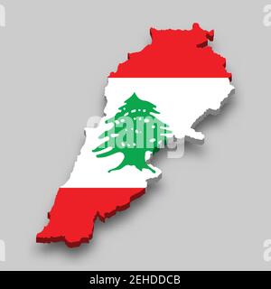 3D Isometrische Landkarte des Libanon mit Nationalflagge. Vektorgrafik. Stock Vektor