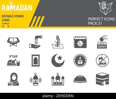 Ramadan Glyph Icon Set, islam Sammlung, Vektorgrafiken, Logo Illustrationen, Happy Ramadan Vektor-Icons, arabische Zeichen, solide Piktogramme, editierbar Stock Vektor