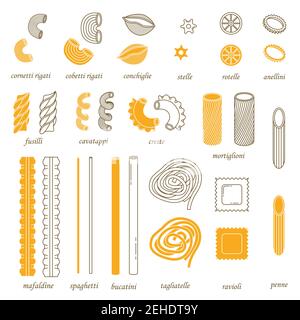 Der Vektor-Satz von verschiedenen Arten von italienischen Pasta. Linienkunst und schlichter Stil Stock Vektor