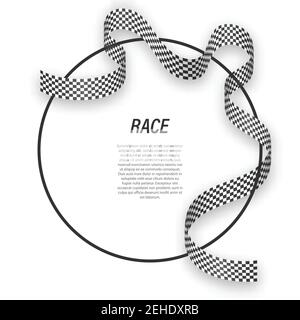 Winkende Schleife karierte Rennflagge auf Kreis Rahmen. Vorlage für Poster Design Stock Vektor