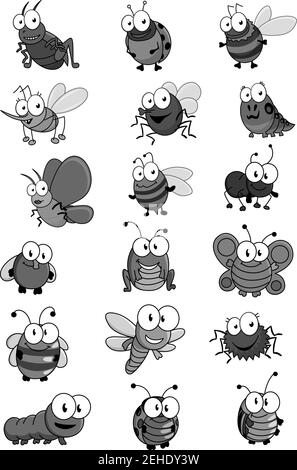 Bugs oder Insekten isoliert Cartoon-Symbole. Cricket oder Heuschrecke, Hummel oder Hornispe, Marienkäfer oder Marienkäfer. Vektor-Set von Mückenfliegen oder butte Stock Vektor