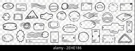 Stempel und Buchstaben Doodle Set. Sammlung von handgezeichneten Briefmarken mit Index Umschläge für die Zustellung von Briefen Post und Post-Pakete isoliert auf transparentem Hintergrund Stock Vektor