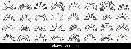 Regenbogen Muster und Strahlen Zeichnungen Doodle Set. Sammlung von handgezeichneten dekorativen eleganten Muster von Regenbögen mit Strahlen in verschiedenen Formen isoliert auf transparentem Hintergrund Stock Vektor