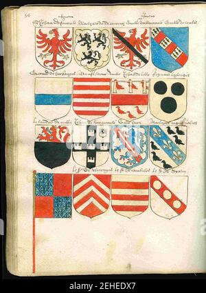 Seite 58 aus einer Abschrift von Wappenboek Beyeren (Wapenkeller) aus ca. 1600. Stockfoto