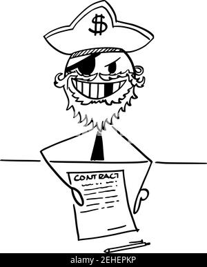 Pirate Geschäftsmann mit Vertrag oder Vereinbarung zu unterzeichnen, Vektor Cartoon Stick Figur oder Figur Illustration. Stock Vektor