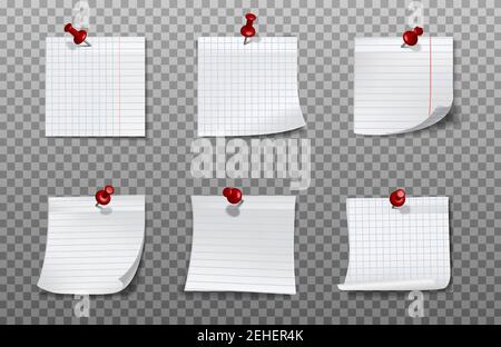 3D realistische Vektor weißes Papier Quadrate für Notizen an der Wand mit roten Papier Pins fixiert. Stock Vektor