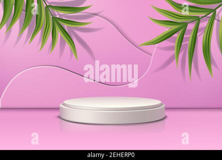 Realistischer Vektor rosa Hintergrund mit runder Bühne mit tropischen Blättern an den Seiten. Stock Vektor