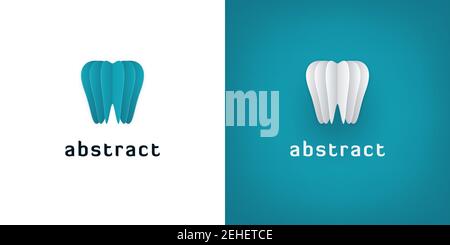 Abstrakte Papierkunst Zahn-Ikonen auf weißen und türkisfarbenen Hintergründen. 3D Dental Logo Design. Stock Vektor