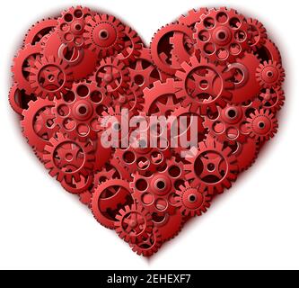 3D realistisches Vektor rotes Herz aus Zahnrädern. Isoliert auf weißem Hintergrund. Stock Vektor
