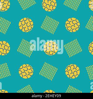 Memphis Stil geometrische Formen Vektor abstrakt nahtlose Muster Hintergrund. Bunte gelbe Waffelquadrate und dekorierte Kreise in Aqua-Blau Stock Vektor