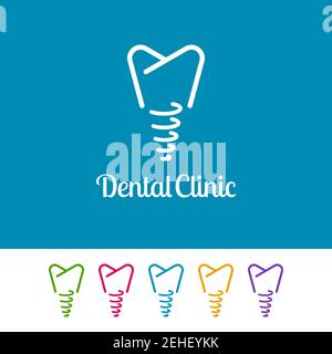 Umreißen Sie Implantatsymbole auf weißem und blauem Hintergrund. Minimales Logo-Design für Dental. Stock Vektor
