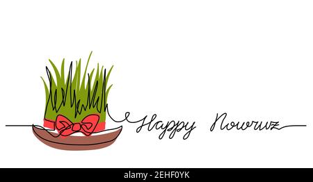 Happy Nowruz einfacher Hintergrund, Plakat, Banner mit grünem Weizengras und rotem Band. Eine kontinuierliche Linienzeichnung, eine lineart. Persisches Neujahr Stock Vektor