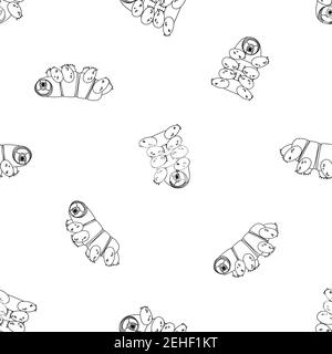 Vektor weiß Umriss Cartoon niedlich glücklich Tardigrade mit schwarzem Rand, Wasserbären oder Doodle Moos Ferkel wiederholen nahtlose Muster auf weißem Hintergrund c Stock Vektor