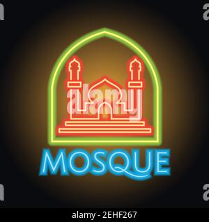 masjid oder islamischen Zentrum Neon-Zeichen für Muslime beten. vektor-Illustration Stock Vektor